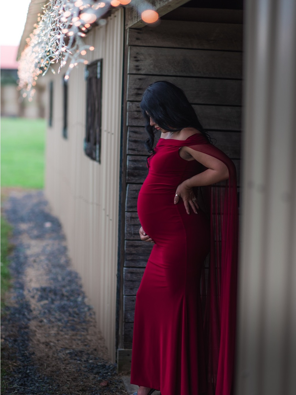 Elegant Maternity Off-Shoulder Red Gown